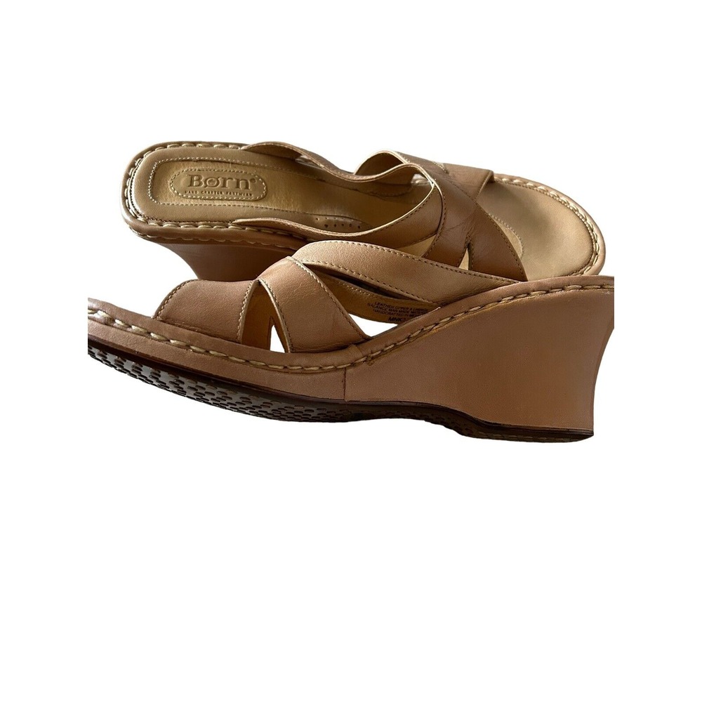 BORN Wedge Slide Sandals Tan Nude Beige Leather Criss Cross‎ Size 9 B8430